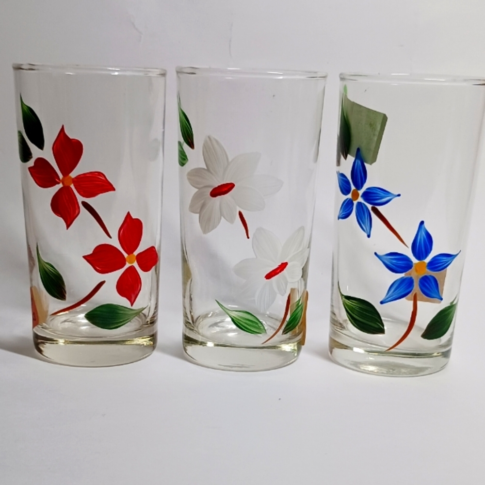 3 Vintage Hand Painted Flower Drinking Glasses Thin Glass 1950's Mid Century